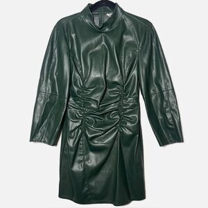 Zara Green Faux Leather Ruched Mini Dress Long Sleeve Mock Neck size Medium